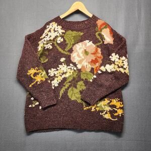 Express Cie Internationale Sweater Women Medium Brown Floral Intarsia Wool Blend